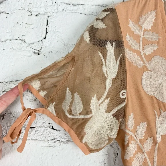 For Love & Lemons Mia Maxi Peach Lace Dress Floral Embroidered Sheer Panel XS - Picture 8 of 15